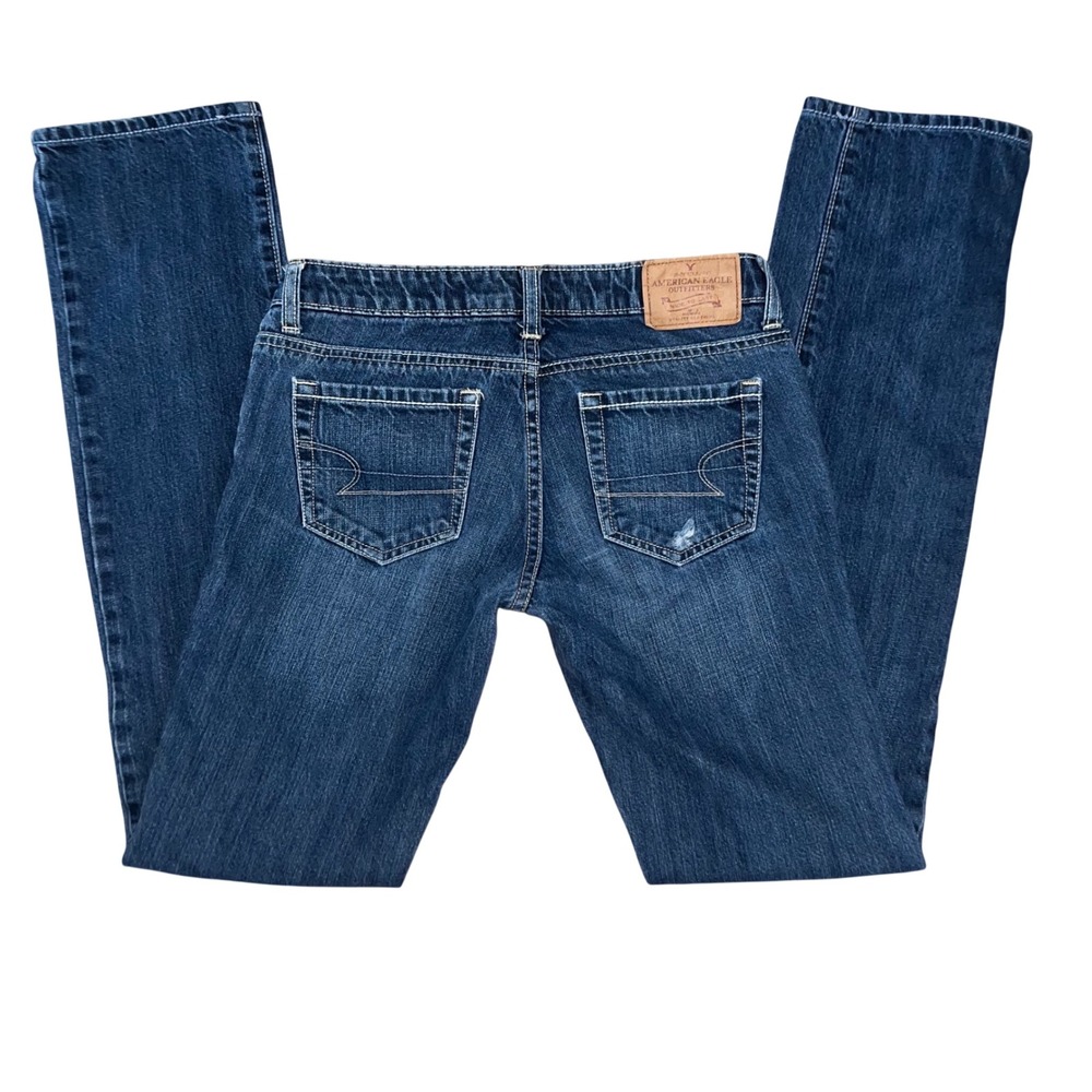 Y2K 2000s American Eagle Straight 77 Jeans Womens 0 Long Dark Wash Low Rise - Picture 2 of 13